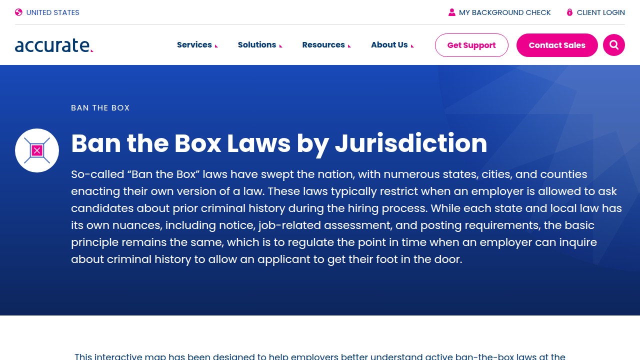 A screenshot of Accurate.com's interactive map illustrating "Ban the Box" and fair chance hiring laws across different states and localities.