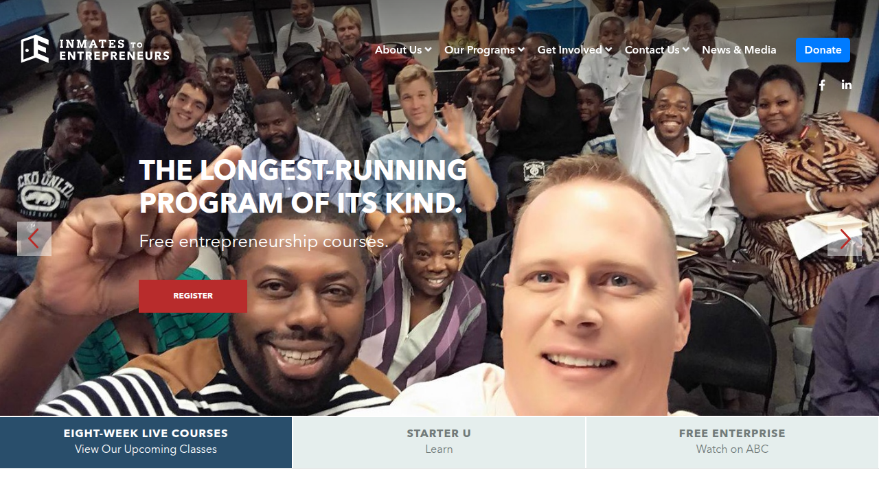 A screenshot of the Inmates to Entrepreneurs website, highlighting resources and success stories for individuals building businesses after incarceration.