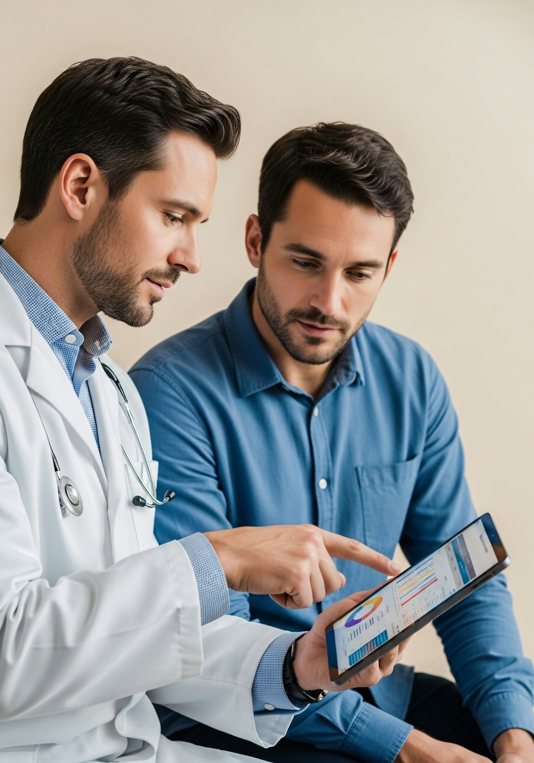 A medical sales representative confidently presenting a product or solution to a group of medical professionals in a hospital or clinic setting.
