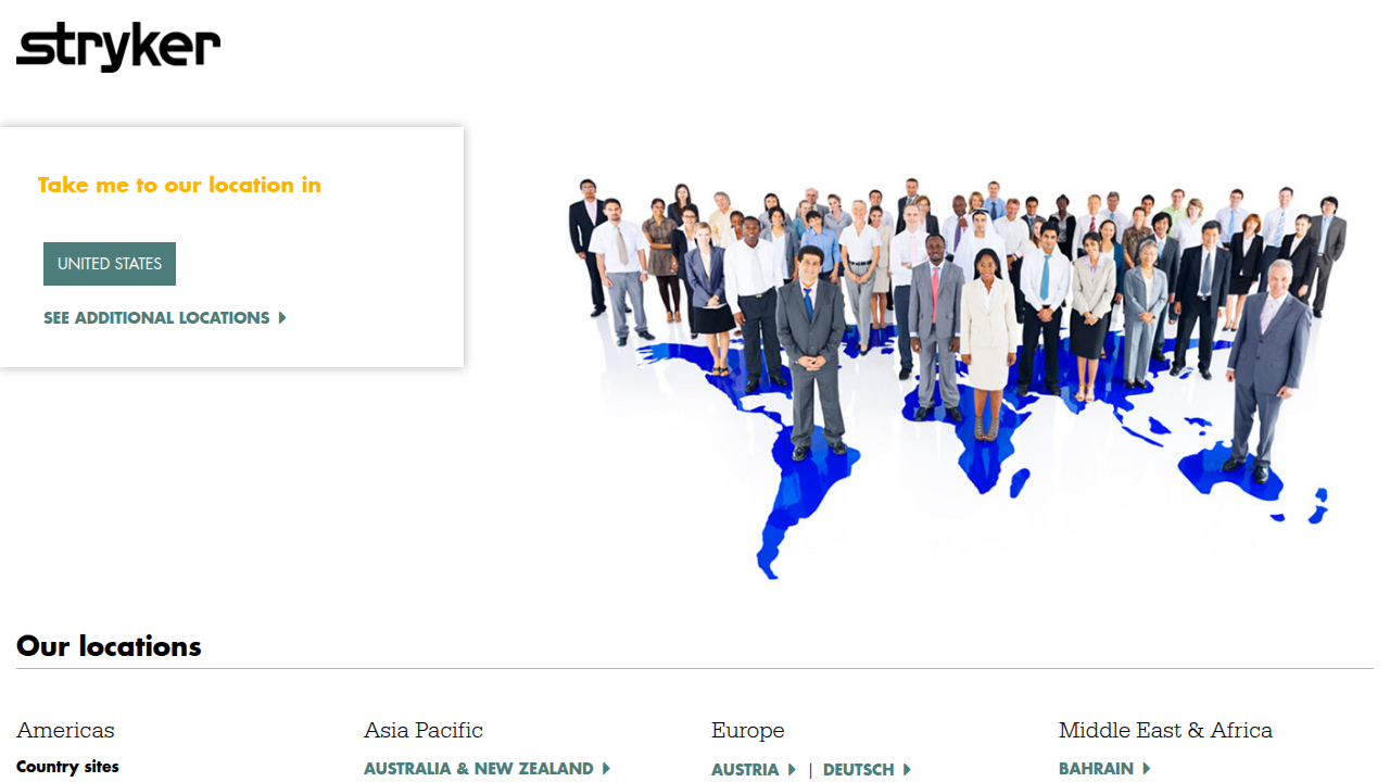 A screenshot of the Stryker corporate homepage, representing one of the dominant medical device manufacturers with a significant presence in Pittsburgh.