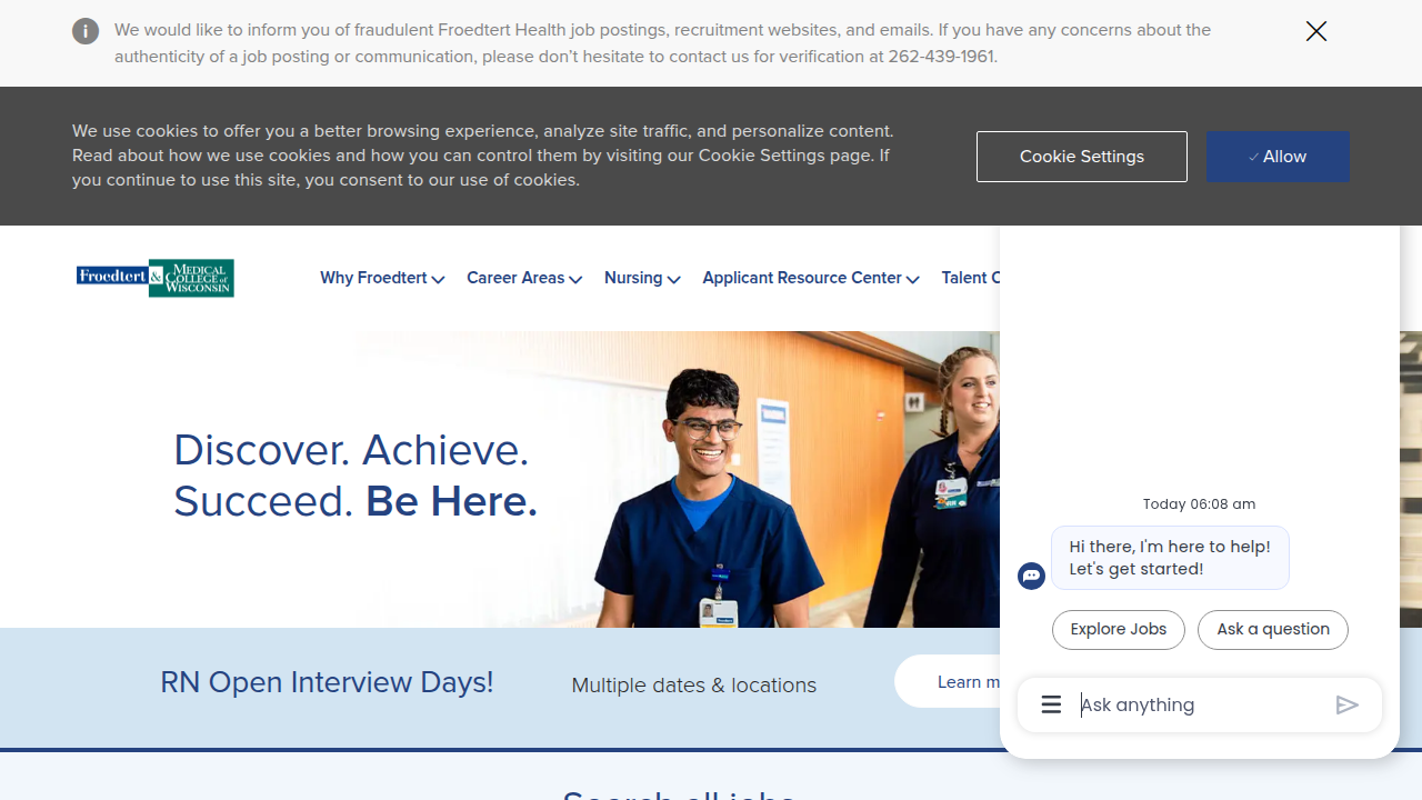 Effective use of filters on Froedtert's career portal helps job seekers narrow down openings by job title, department, or location.