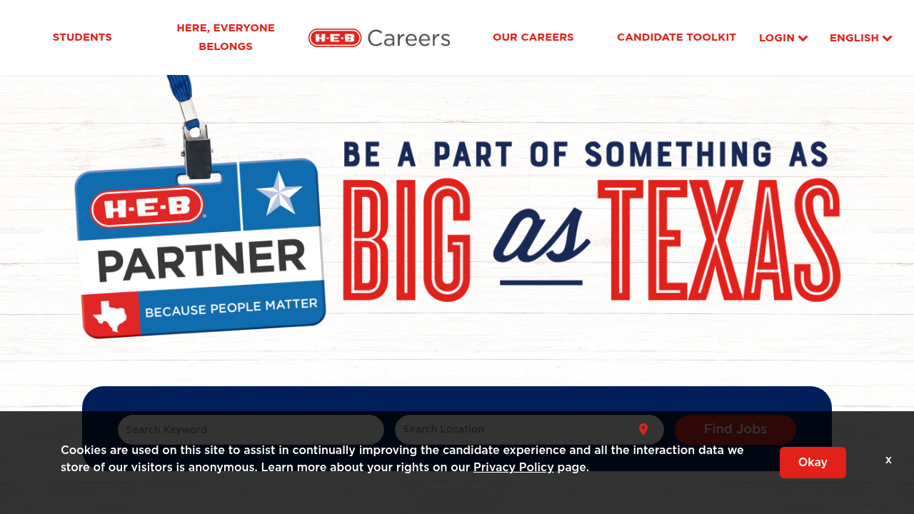 A screenshot of the HEB careers homepage, providing information on job openings and career development opportunities within the company.