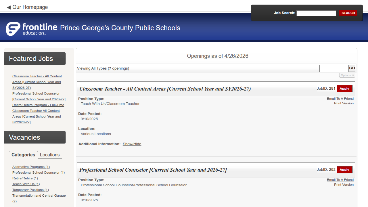 The official Prince George's County Public Schools career portal, showing the main job search interface with current openings.
