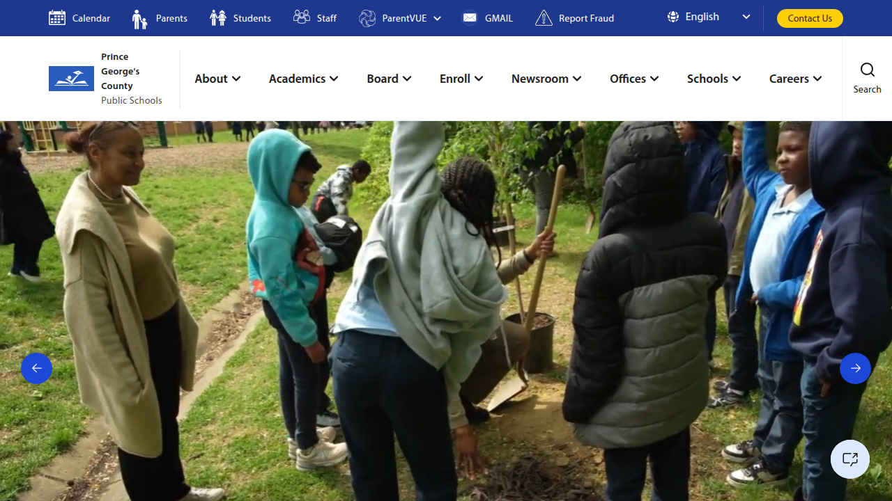 The homepage of the Prince George's County Public Schools website, serving as an entry point to various district resources, including careers.