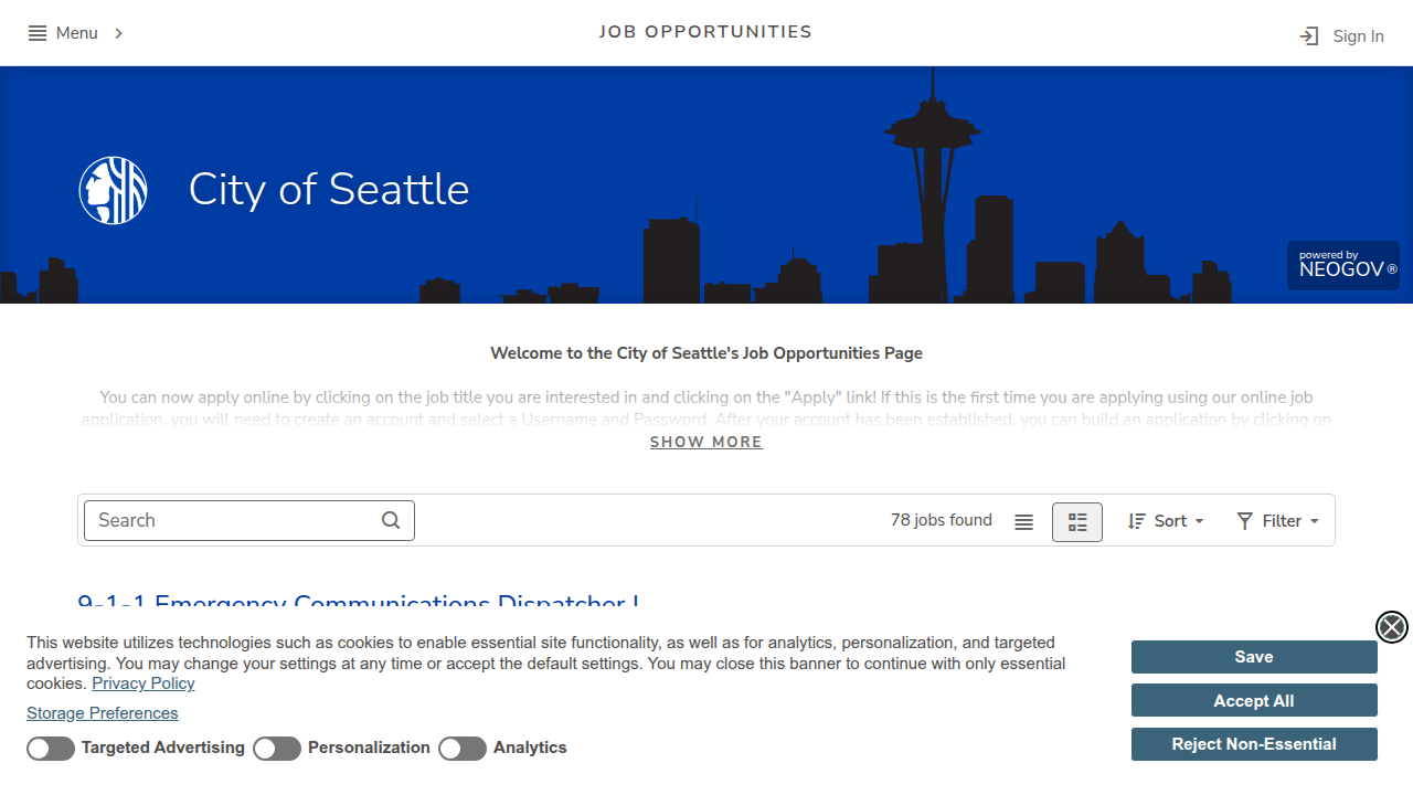 The official jobs portal for the City of Seattle, demonstrating another example of a large public sector employer's online career presence.