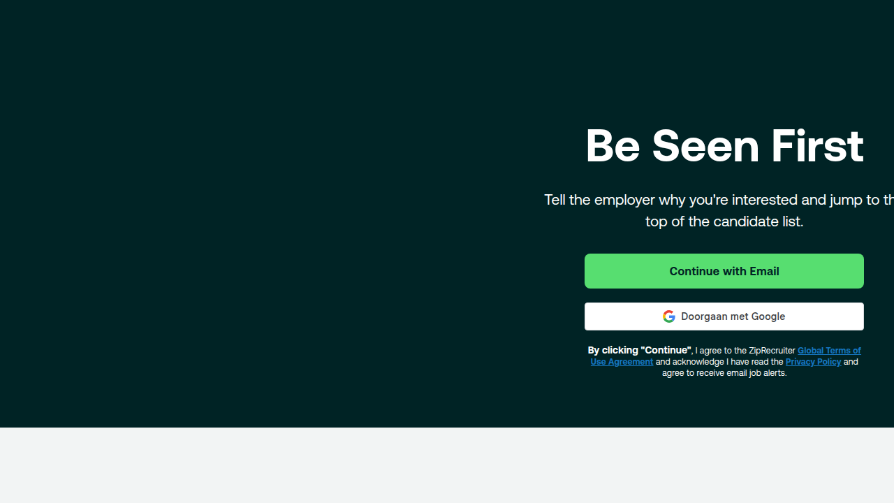The homepage of ZipRecruiter, a popular job board often used to search for armed security positions.