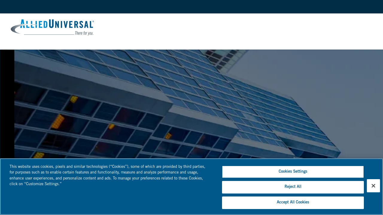 The official website homepage for Allied Universal, a major employer in the security services industry.