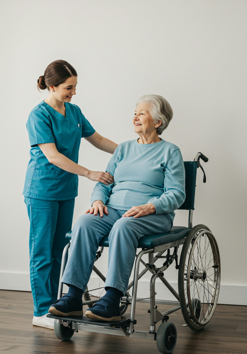 A patient transporter carefully maneuvers a wheelchair, ensuring the patient's safe and comfortable journey through a hospital corridor.