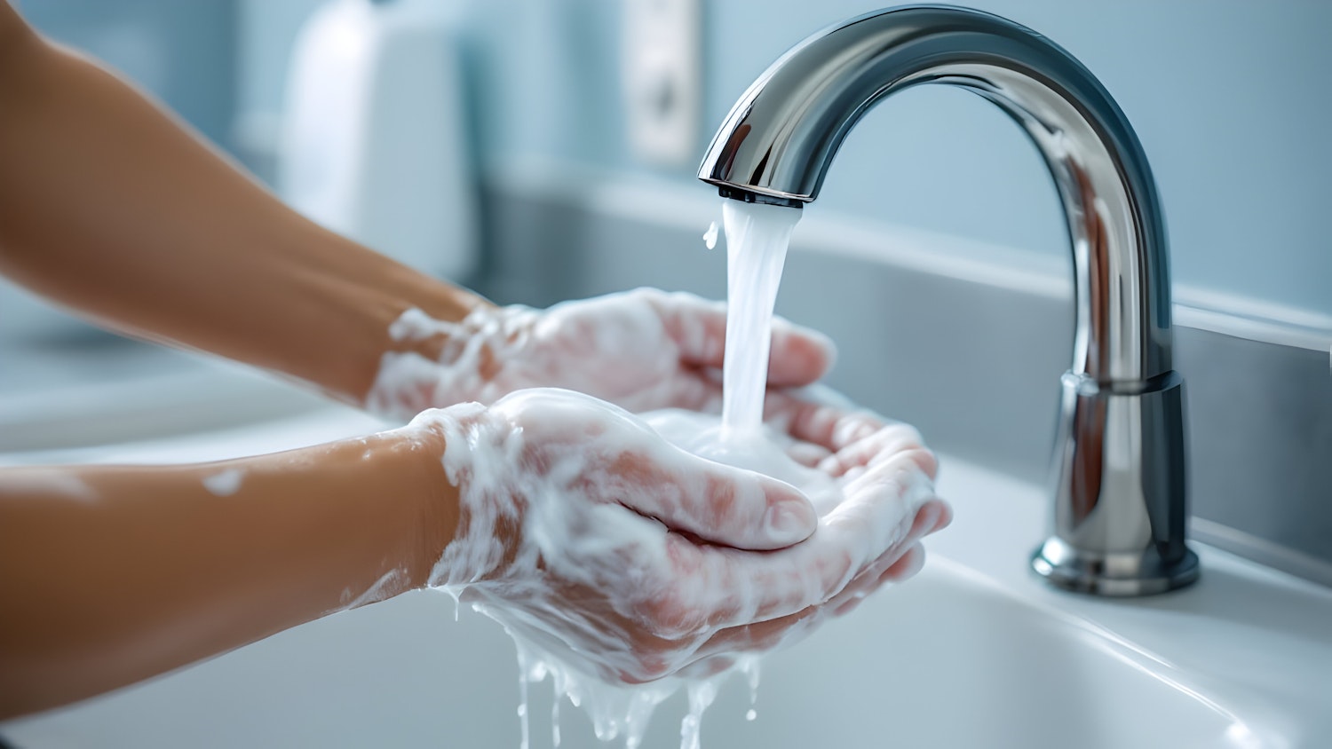 A healthcare worker diligently washing their hands, emphasizing critical infection control practices in patient transport.