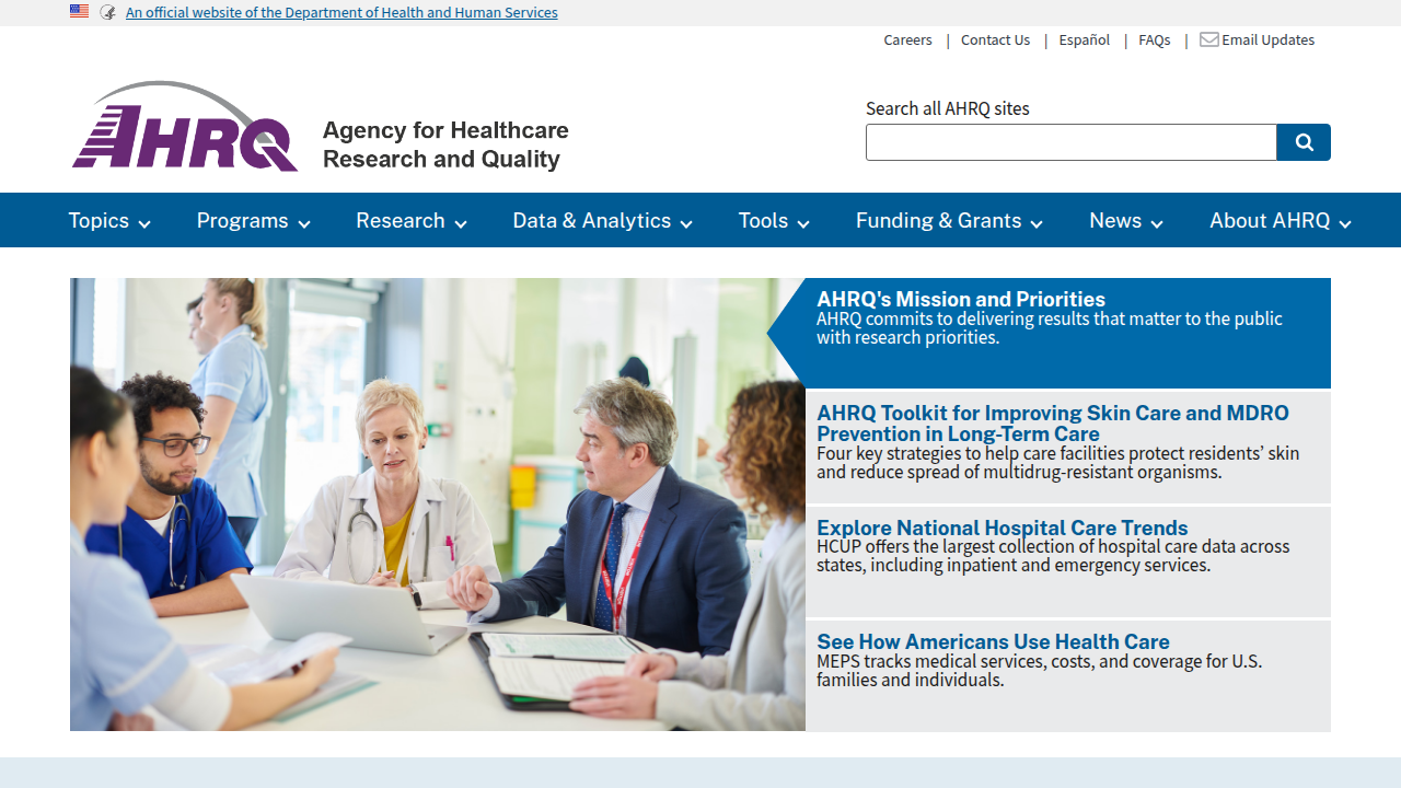 The homepage for the Agency for Healthcare Research and Quality (AHRQ), a key resource for patient safety initiatives and research in healthcare.