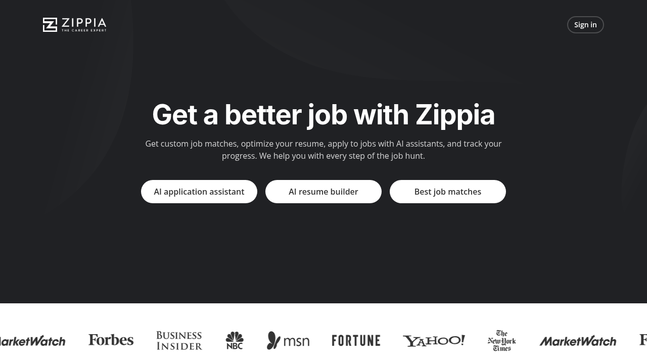 The Zippia homepage, a career resource often cited for job insights and information on certifications valuable for patient transporters.