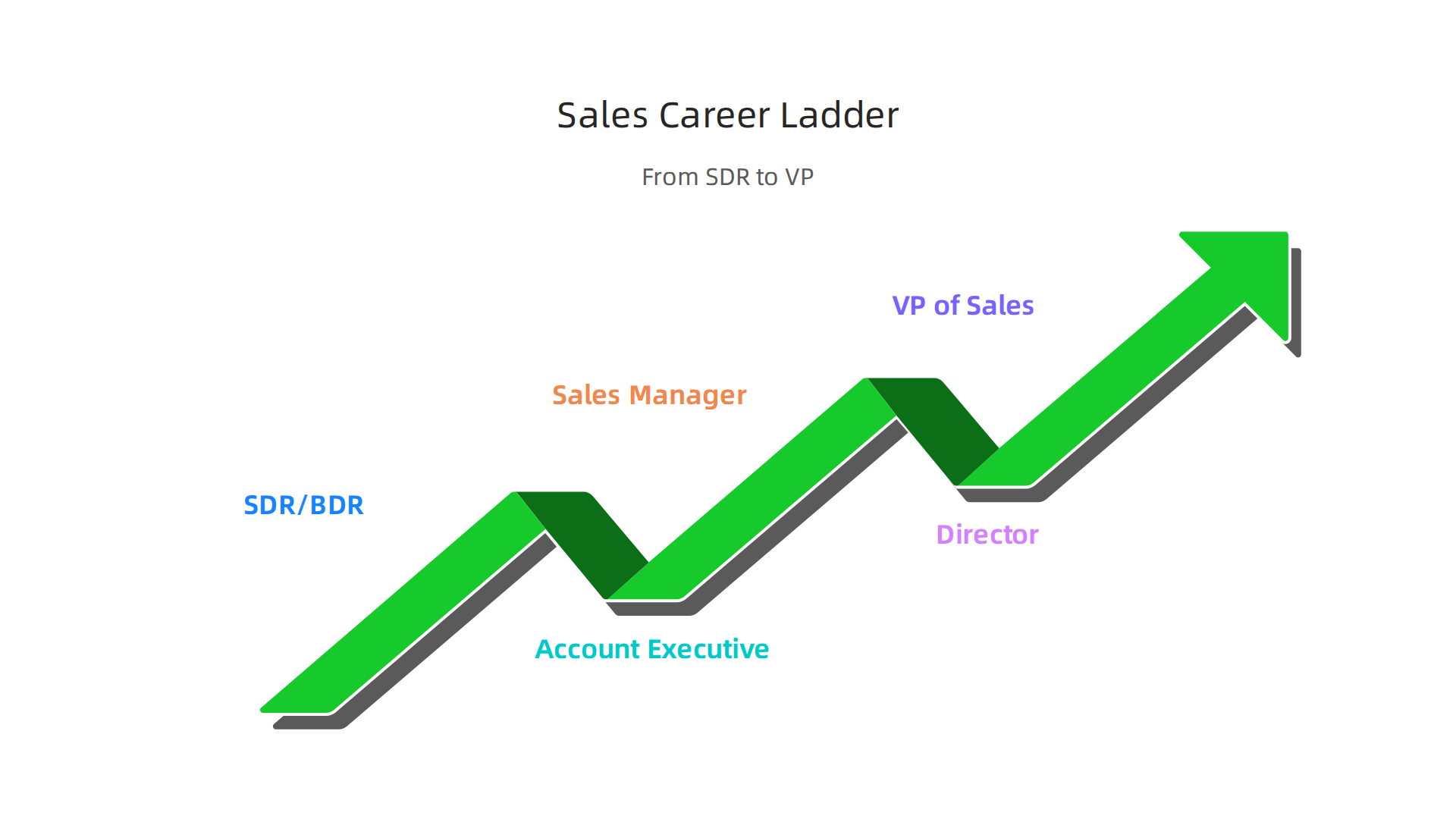 An infographic illustrating the typical sales career path, from SDR/BDR to Account Executive, Sales Manager, Director, and VP of Sales.