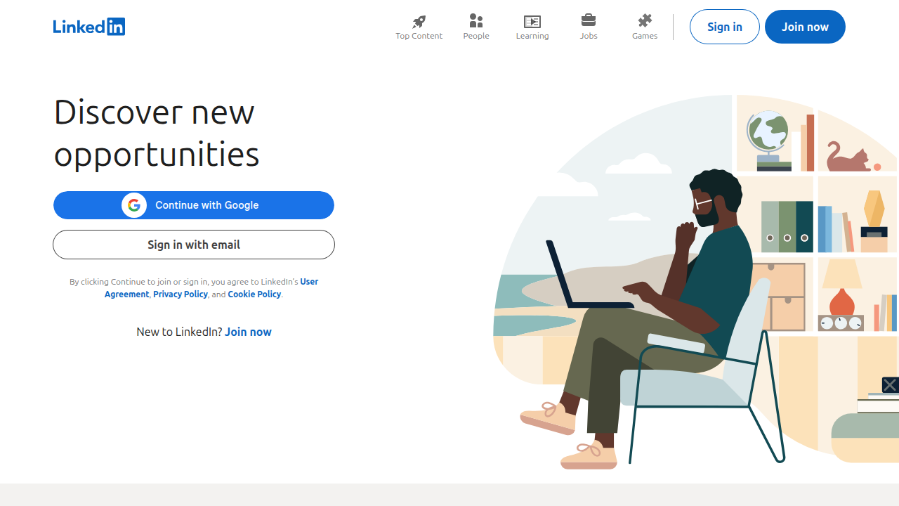 The LinkedIn homepage, a professional networking platform essential for sales professionals to build credibility and link their profiles.