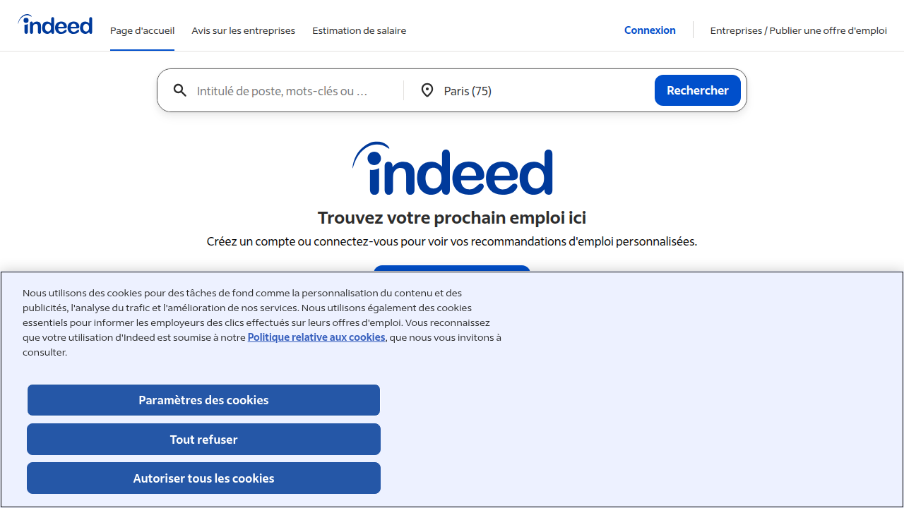 A screenshot of the Indeed.com homepage, a widely used platform for job seekers, demonstrating where to begin a broad job search.