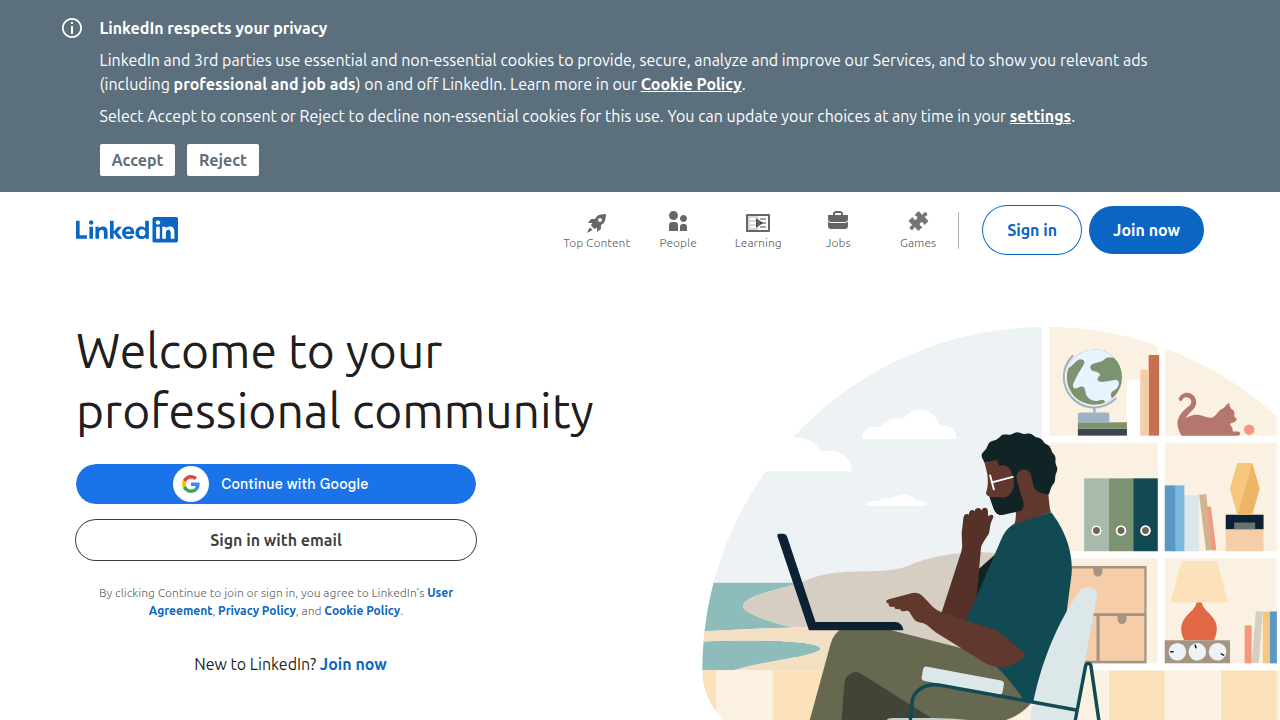 A screenshot of the LinkedIn.com homepage, illustrating its role as a key platform for professional networking and finding roles at established companies.