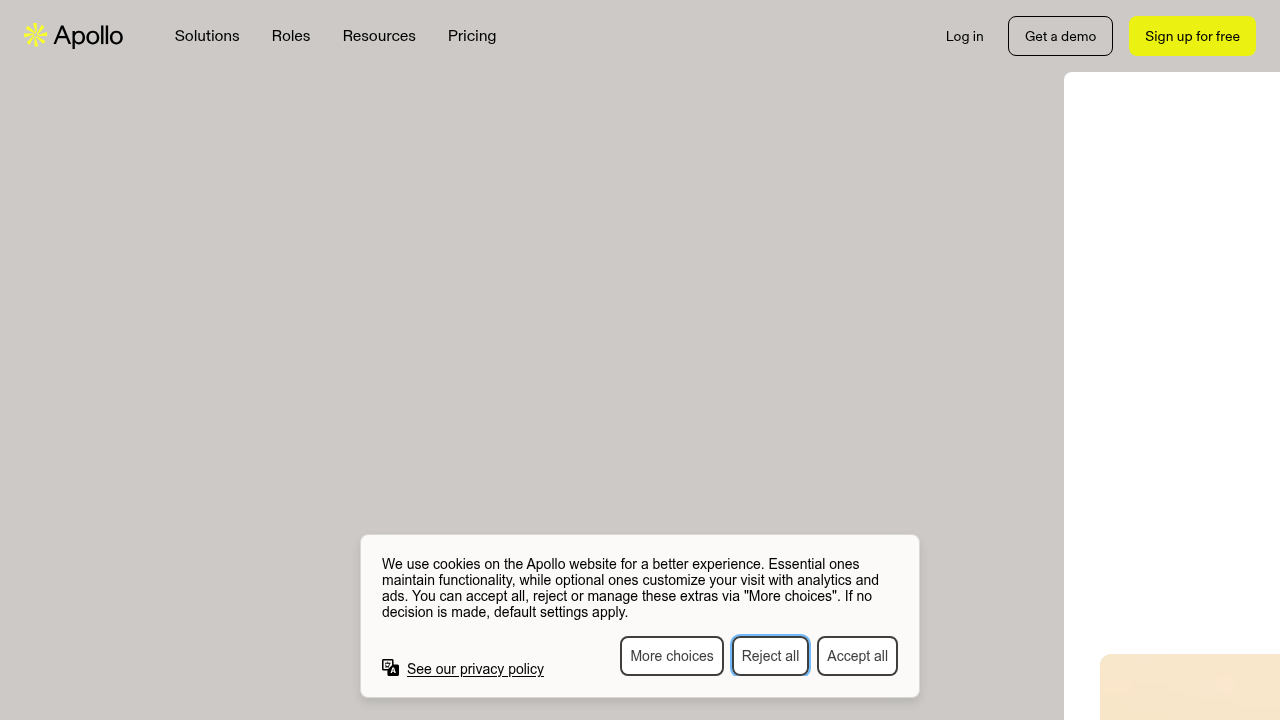 The homepage for Apollo.io, a sales intelligence platform whose insights are referenced regarding compensation structures.