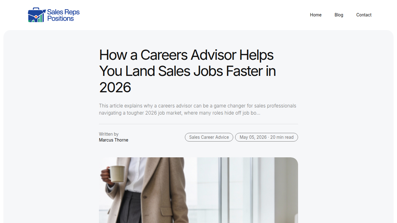 A relevant blog post from salesrepspositions.com, offering advice on how a careers advisor can help land sales jobs faster.