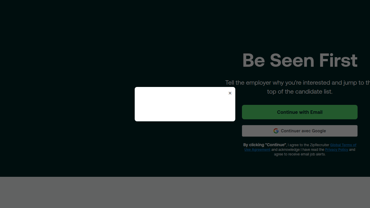 Screenshot of the ZipRecruiter homepage, known for its AI matching technology and wide range of job listings including remote and commission-based roles.