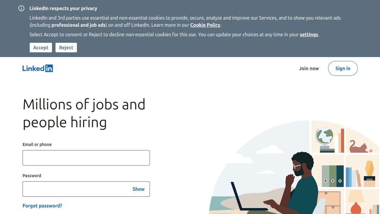 The LinkedIn Jobs homepage, illustrating its focus on professional networking and job opportunities within a vast professional community.