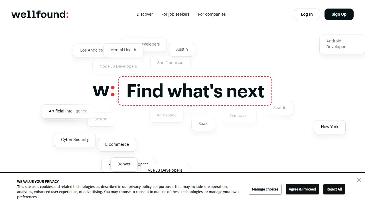 The Wellfound (formerly AngelList) homepage, reflecting its focus on connecting job seekers with startup and high-growth company roles.