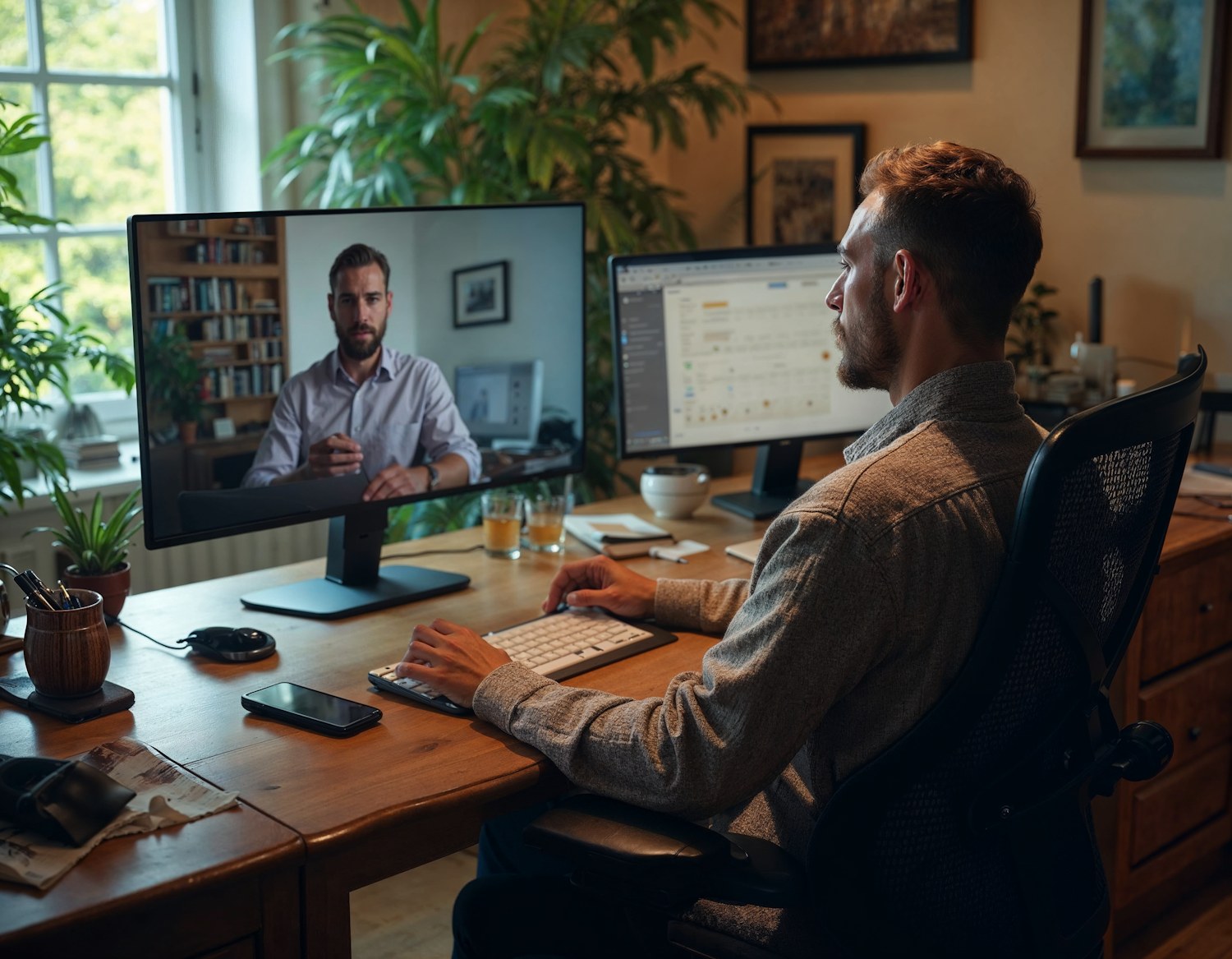 A sales professional conducting business from a home office, reflecting the growing trend of remote work.
