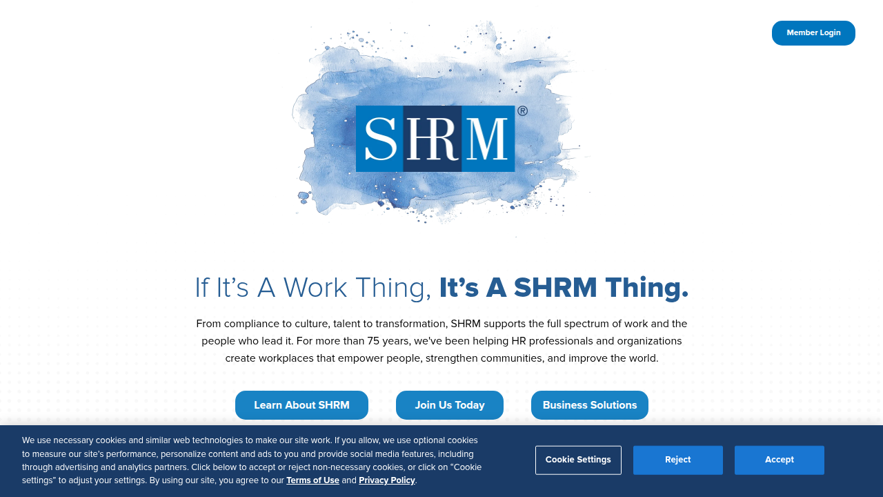 Screenshot of the SHRM homepage, a key resource for HR and labor market insights.