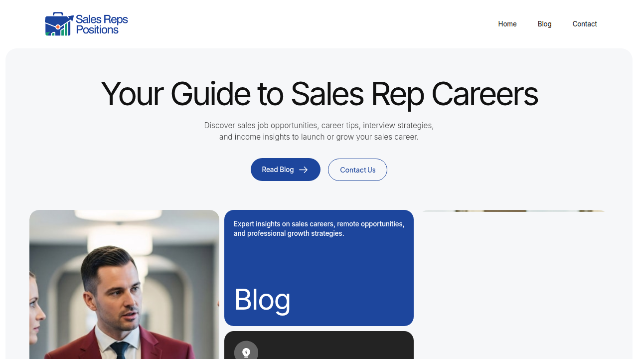 The homepage of SalesRepsPositions.com, a dedicated resource for sales professionals to explore various roles, pay, and career advancement opportunities.
