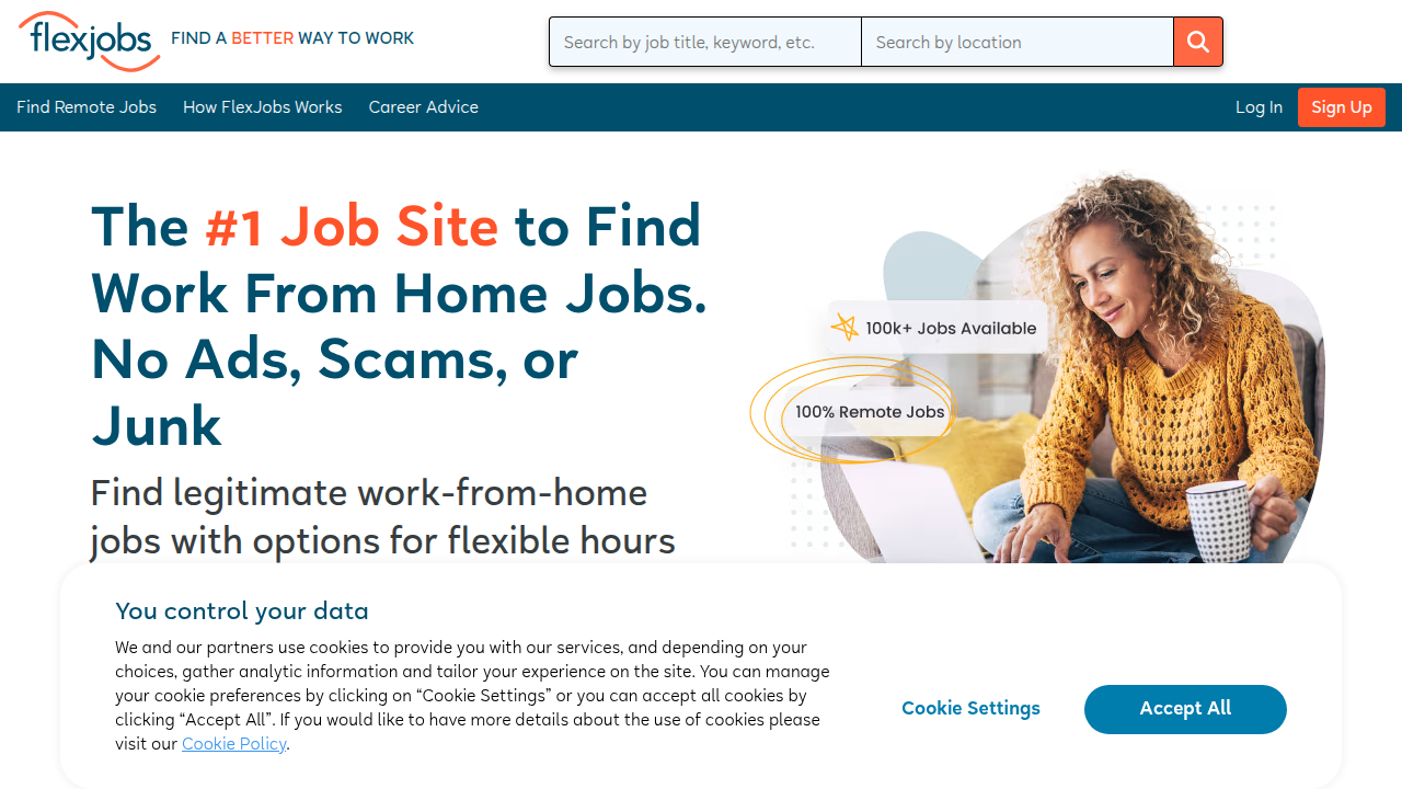 The homepage of FlexJobs, a platform specializing in vetted flexible and remote job opportunities, highly useful for finding weekend positions.