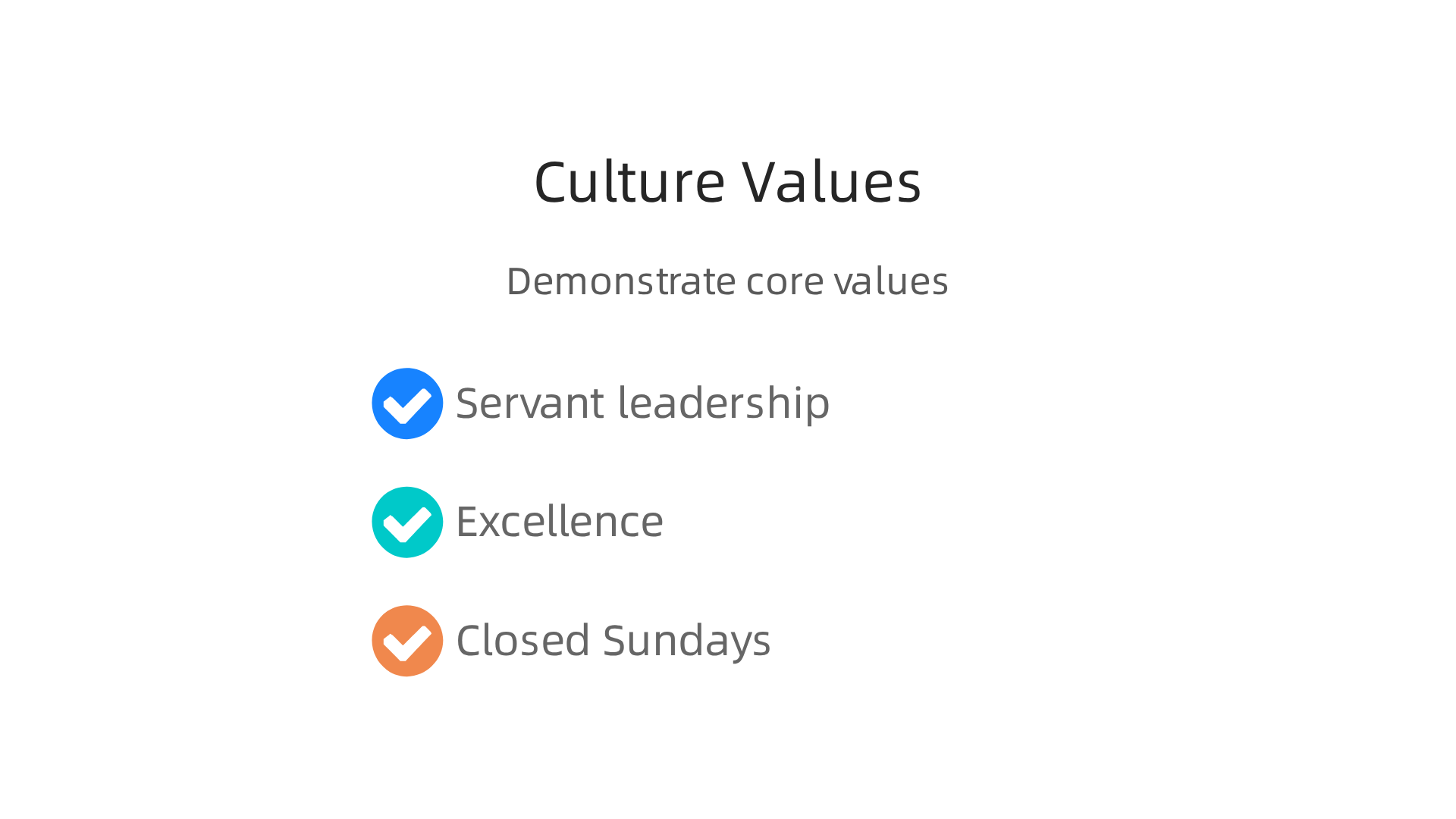 Checklist infographic showing the company's core values and how to demonstrate them in answers: servant leadership; excellence / second‑mile service; closed on Sundays (work‑life balance). Use qualitative examples from the article.
