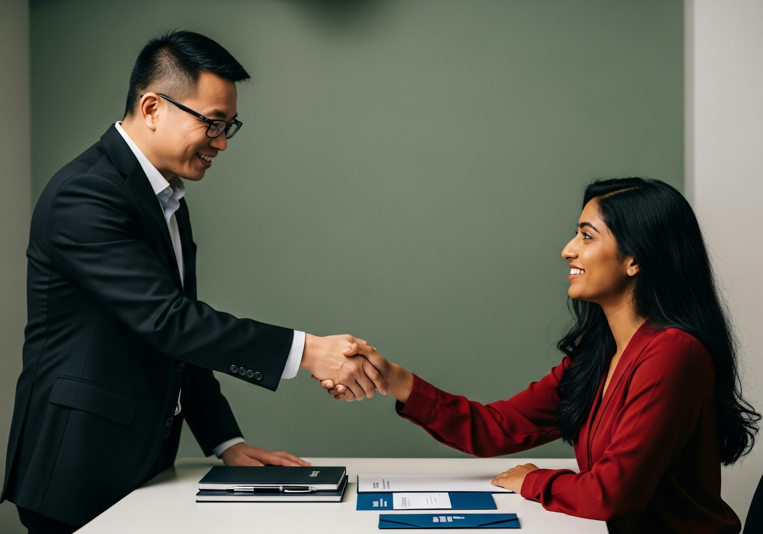 Photo of a casual interview handshake in a restaurant setting (hiring manager and candidate). Real people, natural expression, no text or brand logos. Use for interview-prep sections.