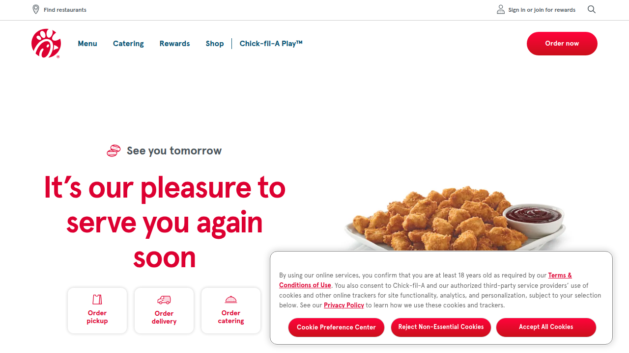 Screenshot of the Chick‑fil‑A homepage / careers entry point. Use the official homepage to show where applicants begin their journey (capture header, careers link).