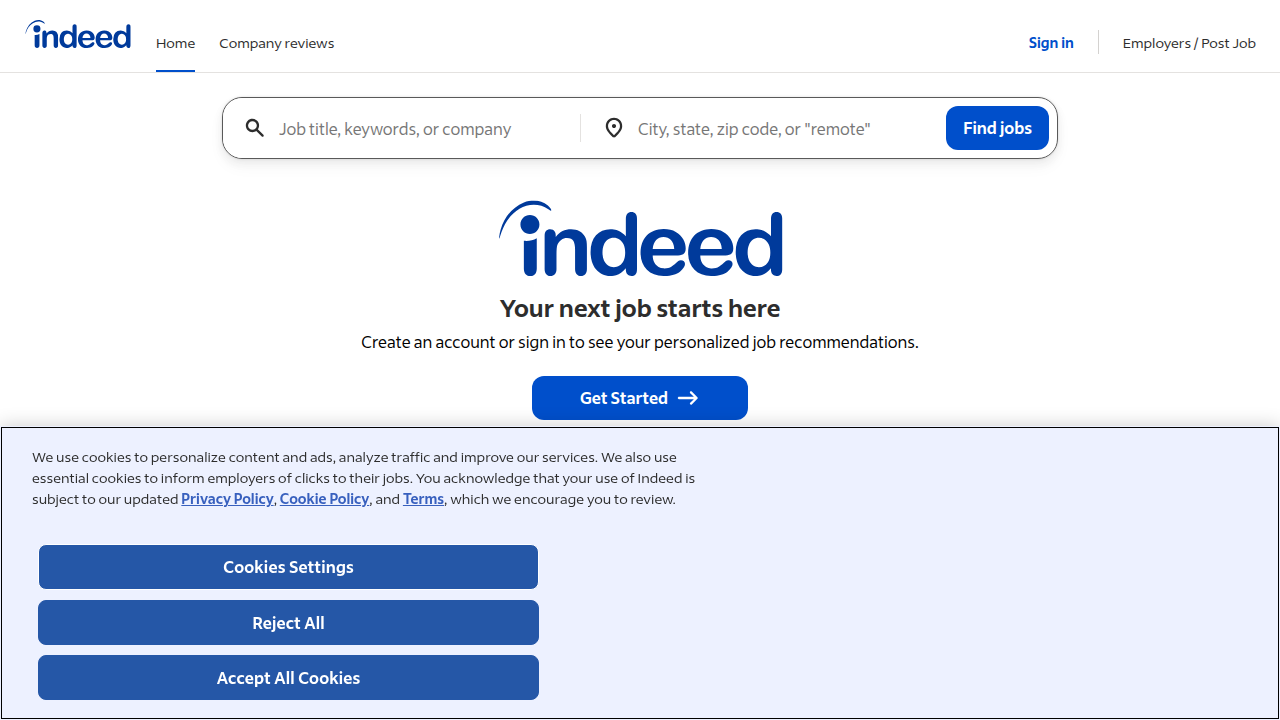 Screenshot of Indeed's employer or FAQ area showing hiring timelines and multi-round interview notes. Use Indeed's homepage/ employer overview for Chick‑fil‑A.