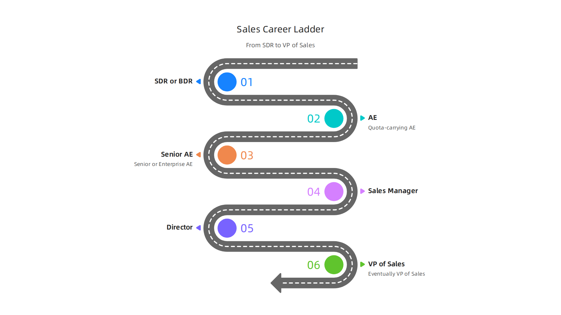 An infographic outlining the common progression from entry-level sales development roles to senior leadership positions.