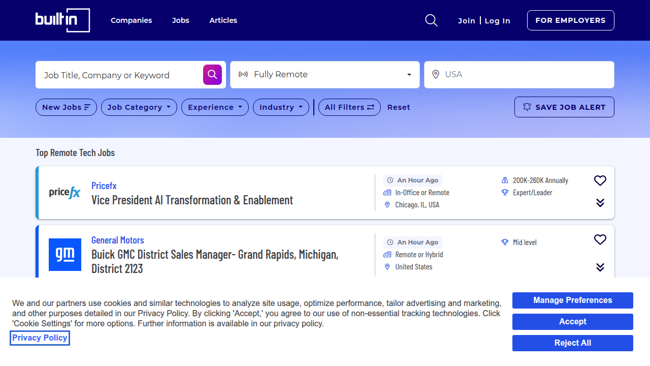 The remote jobs section of Built In, a common platform for finding technology-focused and remote sales opportunities.