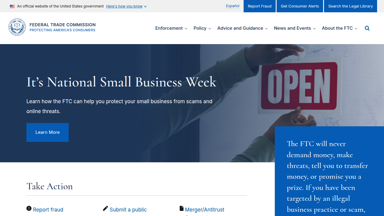 The official website of the Federal Trade Commission, highlighting their efforts to combat fake online reviews and protect consumers.