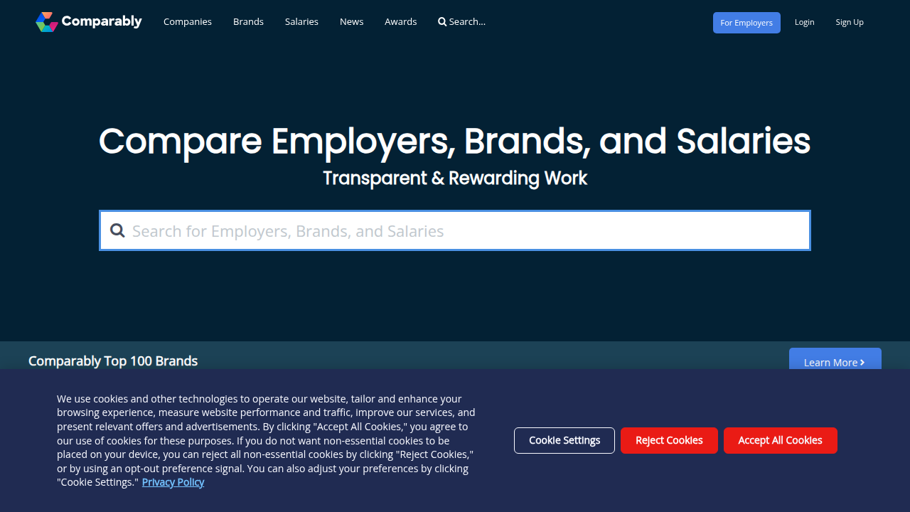 The homepage of Comparably, a platform offering culture scores, compensation data, and company comparisons.