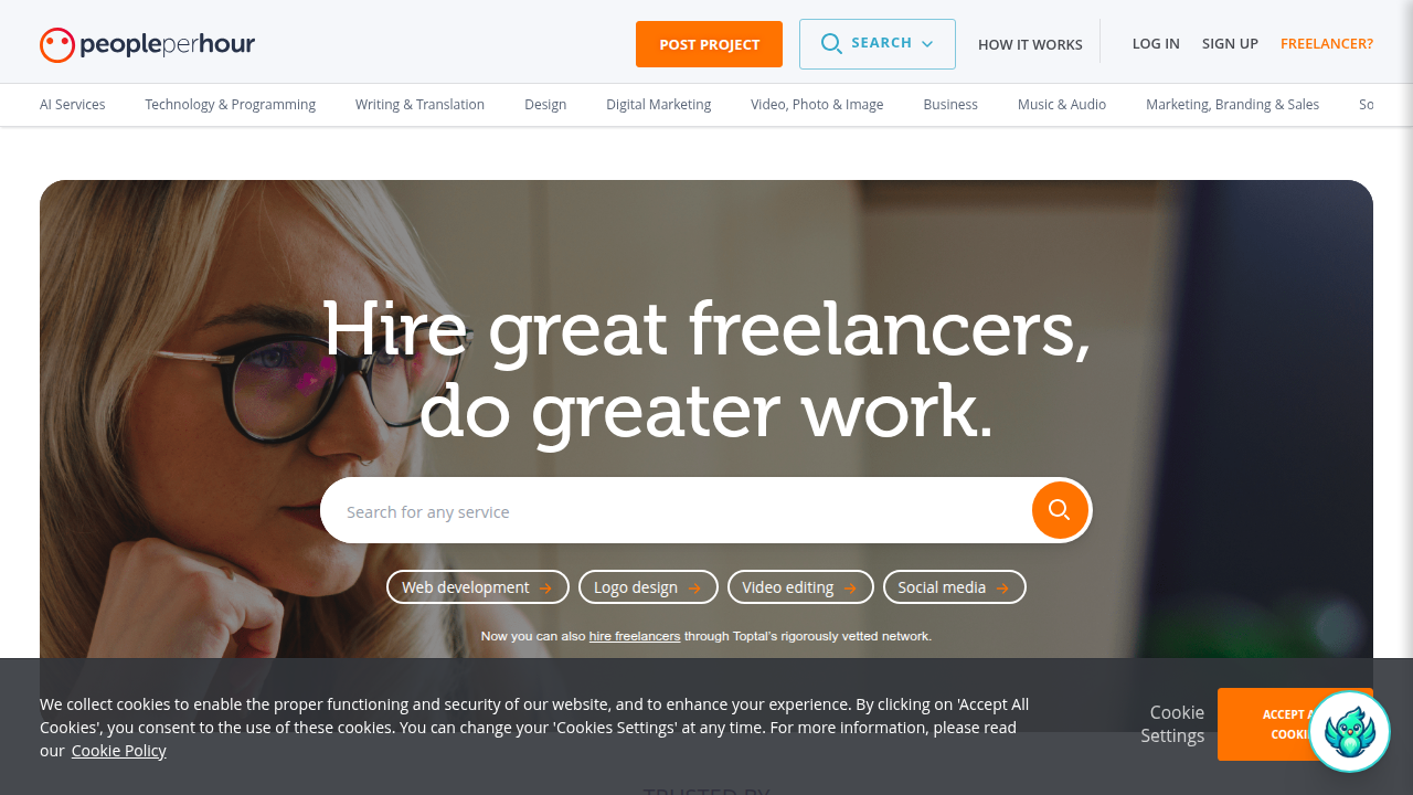 A screenshot of the PeoplePerHour homepage, a platform frequently mentioned for finding freelance writing jobs, particularly case study writing projects.